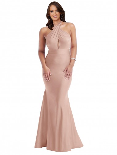 Rosa empolvado Sirena Halter Satén sedoso Largo Formales Vestidos de dama de honor / Vestidos de fiesta Venta