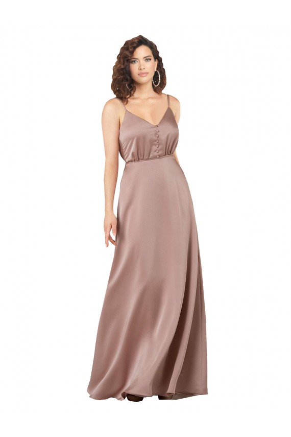 Compra Rosa empolvado línea A Cuello en V Cuello de Corazón Satén sedoso Largo Formales Vestidos de dama de honor / Vestidos de noche
