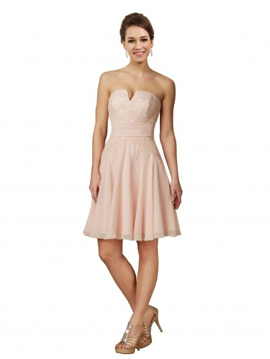 Rosa línea A Cuello de Corazón Gasa Encaje Corto Vestidos de dama de honor / Vestidos de cóctel Venta