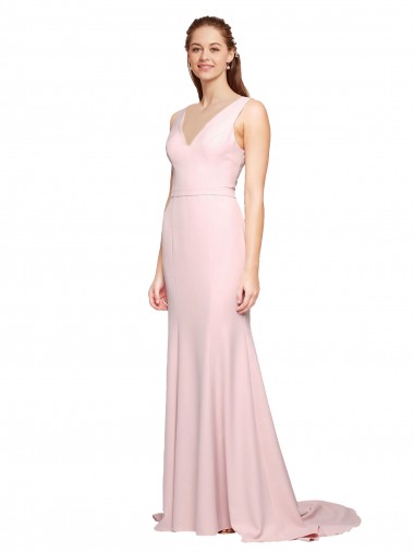 Rosa línea A Cuello en V Barrer tren Crepé Elástico Largo Vestidos de dama de honor / Vestidos de fiesta Venta