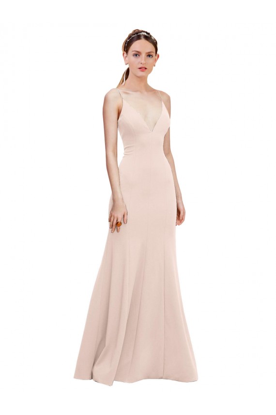 Compra Rosa línea A Cuello en V Crepé Elástico Largo Formales Vestidos de dama de honor / Vestidos de fiesta