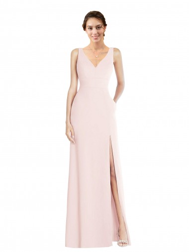 Rosa línea A Cuello en V Crepé Elástico Largo Vestidos de dama de honor / Vestidos de fiesta Venta