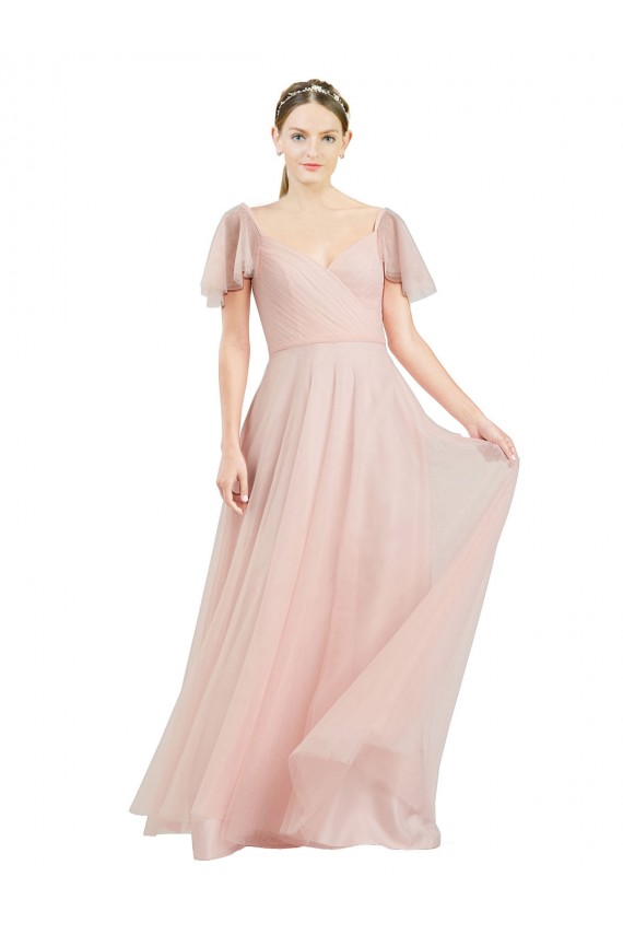Compra Rosa línea A Cuello en V Tul Largo Vestidos de dama de honor