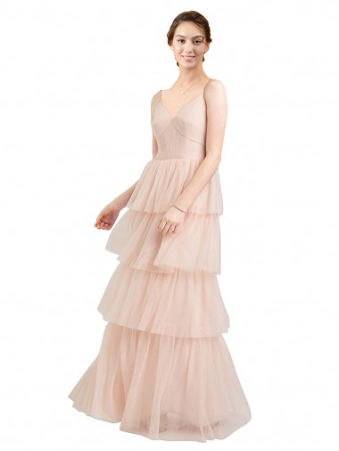 Rosa línea A Cuello en V Tul Largo Vestidos de dama de honor Venta