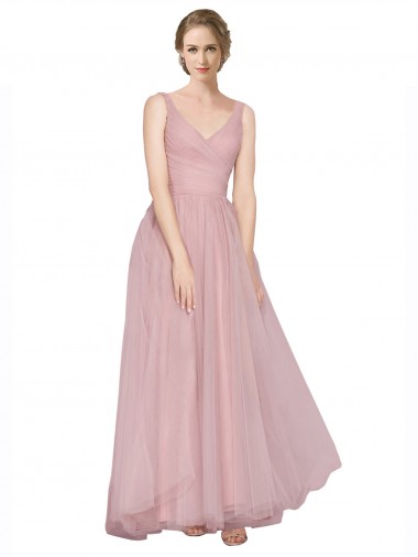 Rosa línea A Cuello en V Tul Largo Vestidos de dama de honor Venta