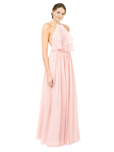 Rosa línea A Halter Gasa Largo Vestidos de dama de honor Venta