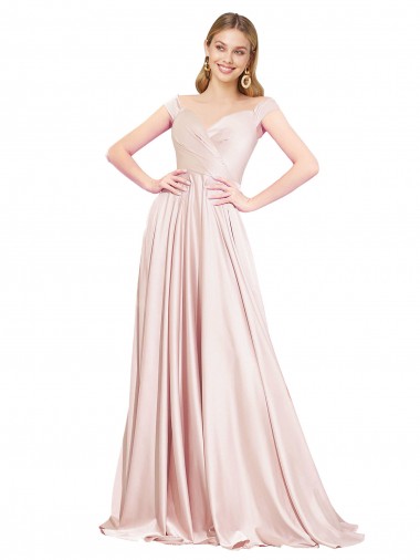 Rosa línea A Hombros Descubiertos Satén Largo Formales Vestidos de dama de honor / Vestidos de fiesta Venta