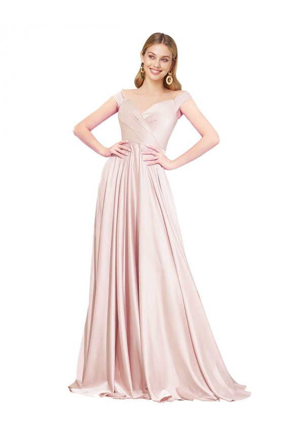 Compra Rosa línea A Hombros Descubiertos Satén Largo Formales Vestidos de dama de honor / Vestidos de fiesta