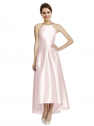 Rosa línea A Tirantes espagueti Halter Satén Largo Asimétrico Vestidos de dama de honor Venta