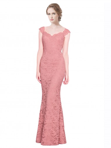 Salmón Sirena Cuello de Corazón Sin tirantes Encaje Largo Vestidos de dama de honor / Vestidos de fiesta Venta