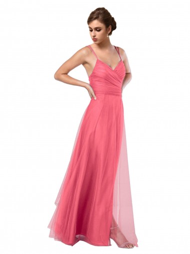 Sandía línea A Tirantes espagueti Tul Largo Vestidos de dama de honor Venta