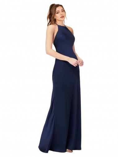 Sapphire Cubierta Cuello Alto Satén sedoso Largo Formales Vestidos de dama de honor / Vestidos de fiesta Venta