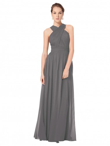 Stormy Silver línea A Halter Gasa Largo Vestidos de dama de honor Venta