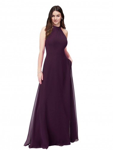 Uva línea A Halter Cuello Alto Gasa Largo Vestidos de dama de honor Venta