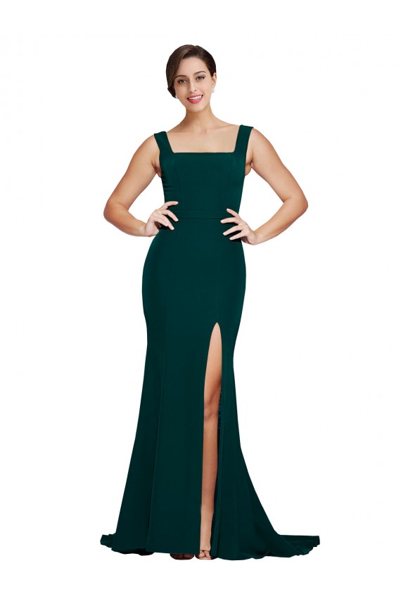 Compra Verde Midnight Cubierta Cuadrado Barrer tren Crepé Elástico Largo Vestidos de dama de honor / Vestidos de fiesta