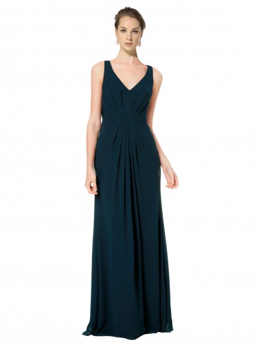 Verde Midnight línea A Cuello en V Gasa Largo Vestidos de dama de honor Venta
