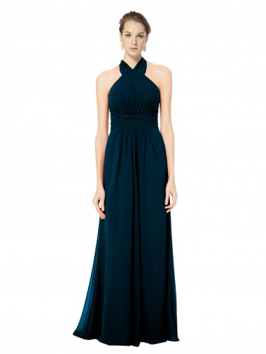Verde Midnight línea A Halter Gasa Largo Vestidos de dama de honor Venta