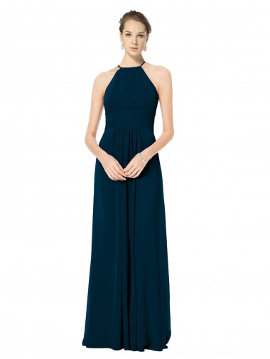 Verde Midnight línea A Tirantes espagueti Halter Gasa Largo Vestidos de dama de honor Venta
