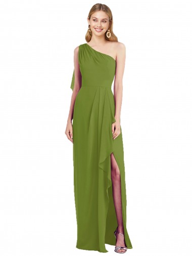 Verde Oliva Trompeta Un Hombre Gasa Largo Vestidos de dama de honor Venta