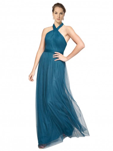 Verde azulado línea A Halter Cuello Alto Tul Largo Vestidos de dama de honor Venta