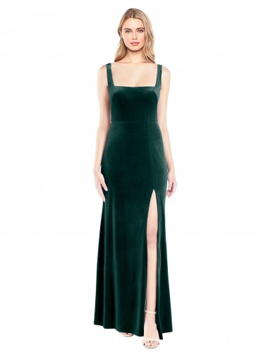 Verde oscuro línea A Cuadrado Terciopelo Elástico Largo Vestidos de dama de honor / Vestidos de fiesta Venta