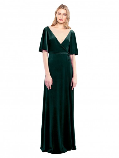 Verde oscuro línea A Cuello en V Terciopelo Elástico Largo Vestidos de dama de honor / Vestidos de fiesta Venta