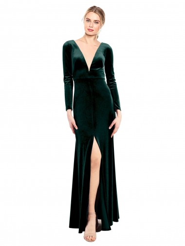 Verde oscuro línea A Cuello en V Terciopelo Elástico Largo Vestidos de dama de honor / Vestidos de fiesta Venta