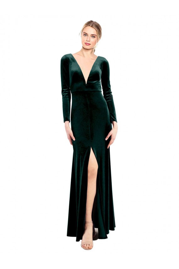 Compra Verde oscuro línea A Cuello en V Terciopelo Elástico Largo Vestidos de dama de honor / Vestidos de fiesta