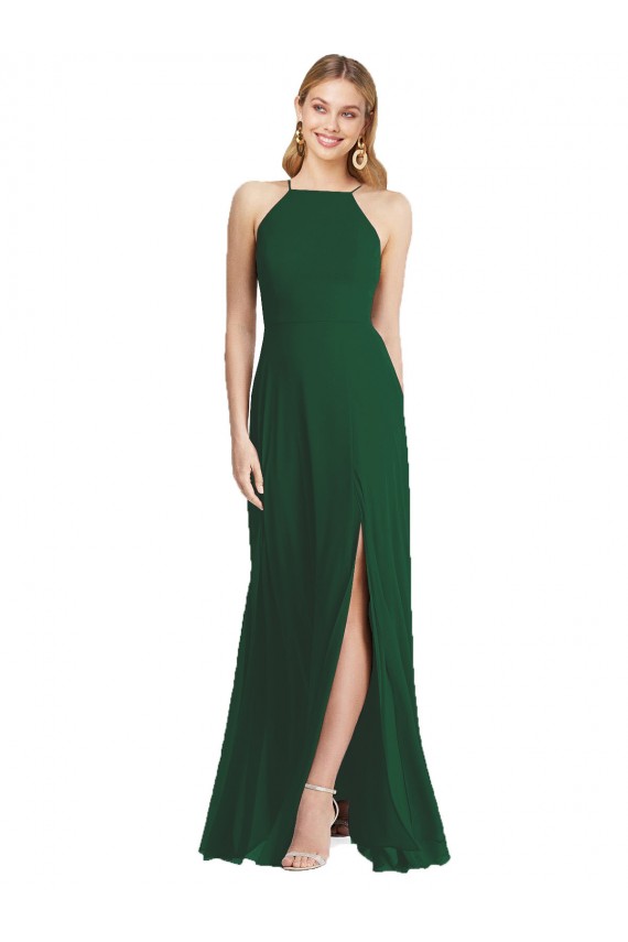 Compra Verde oscuro línea A Tirantes espagueti Cuello Alto Gasa Largo Vestidos de dama de honor