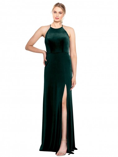 Verde oscuro línea A Tirantes espagueti Cuello joya Terciopelo Elástico Largo Vestidos de dama de honor / Vestidos de fiesta Venta