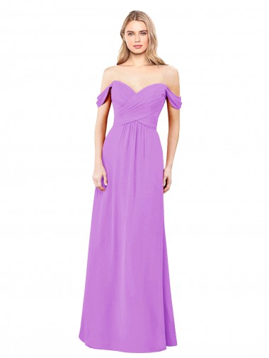 Violeta línea A Hombros Descubiertos Gasa Largo Vestidos de dama de honor Venta