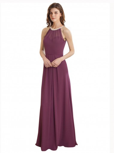 línea A Cuello Alto Gasa Largo Vestidos de dama de honor Venta