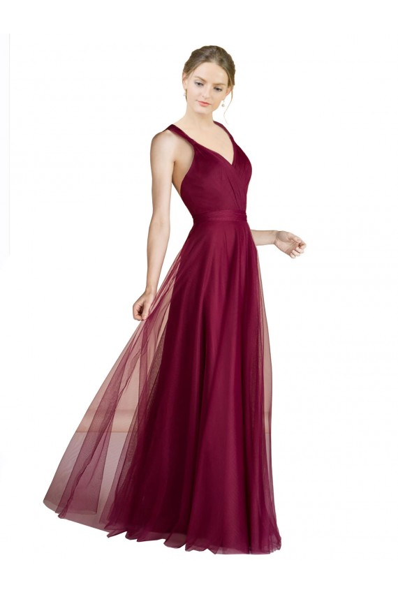 Compra línea A Cuello en V Cuello de Corazón Tul Largo Vestidos de dama de honor