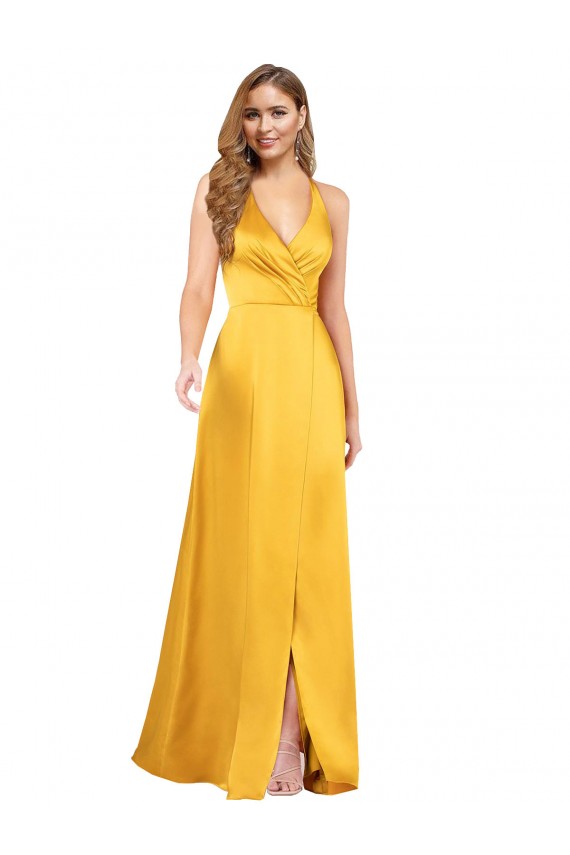 Compra línea A Cuello en V Satén sedoso Largo Asimétrico Formales Vestidos de dama de honor / Vestidos de fiesta