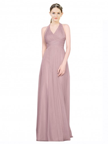 línea A Halter Cuello en V Tul Largo Vestidos de dama de honor Venta