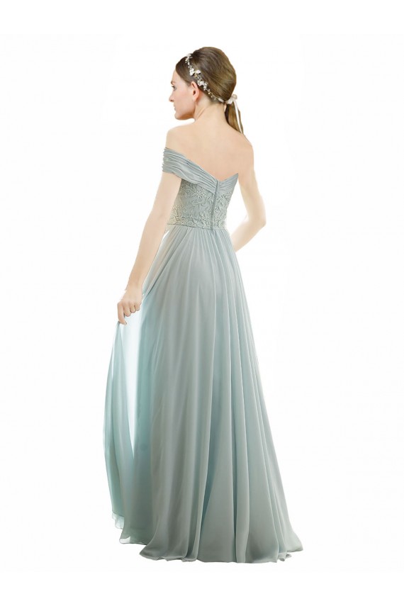Compra línea A Hombros Descubiertos Gasa Encaje Largo Vestidos de dama de honor