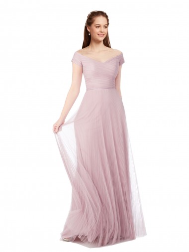 línea A Hombros Descubiertos Tul Largo Vestidos de dama de honor Venta