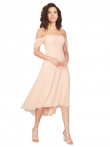 rosa hielo línea A Cuadrado Midi Gasa Corto Asimétrico Vestidos de dama de honor Venta